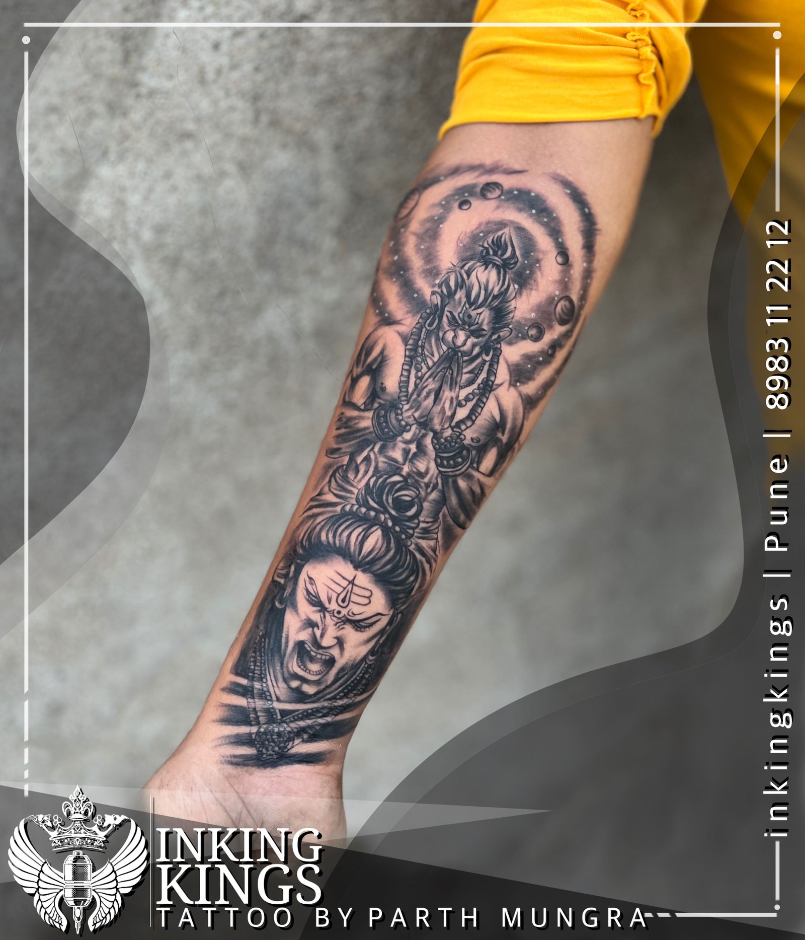 Custom Lord Hanuman & Shiva Tattoo with Cosmic Universe Background –  A Powerful Spiritual Masterpiece by InkingKings Tattoo Studio, Pune